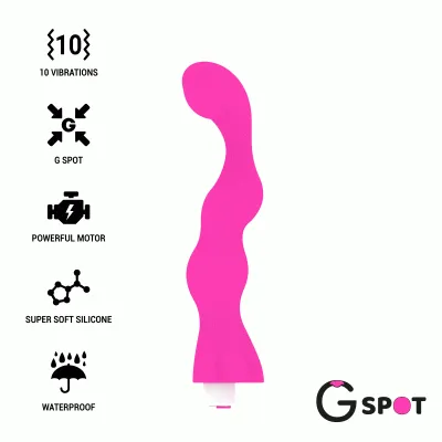 Pink G-spot vibrator with 10 vibration modes, powerful motor, soft silicone, waterproof.