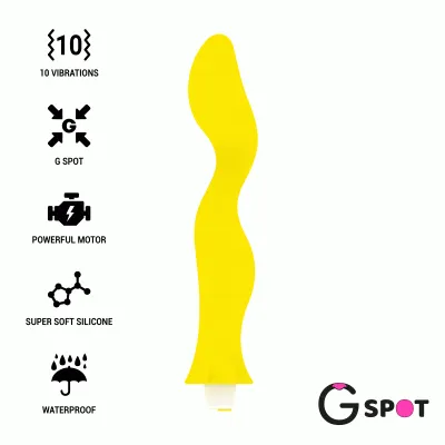 Yellow G-spot vibrator with 10 vibration modes, powerful motor, soft silicone, waterproof.