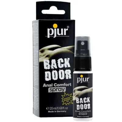 Schwarze Verpackung und Flasche von "pjur Back Door Anal Comfort Spray", 20 ml, hergestellt in Deutschland.