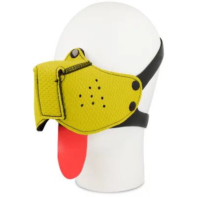 Yellow dog mask with red tongue and black straps on a white model head.