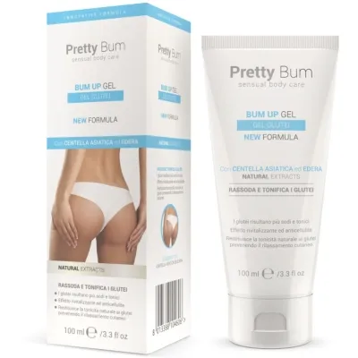 Verpackung und Tube von "Pretty Bum" Gel zur Straffung und Tonisierung der Gesäßmuskulatur, 100 ml.