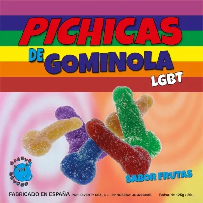Bunte Fruchtgummis in Penisform auf Regenbogenhintergrund, Text: "Pichicas de Gominola LGBT, Sabor Frutas".