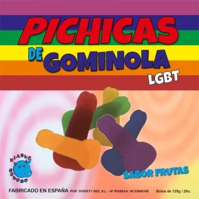 Bunte Fruchtgummis in Penisform auf Regenbogenhintergrund, Text: "Pichicas de Gominola LGBT, Sabor Frutas".