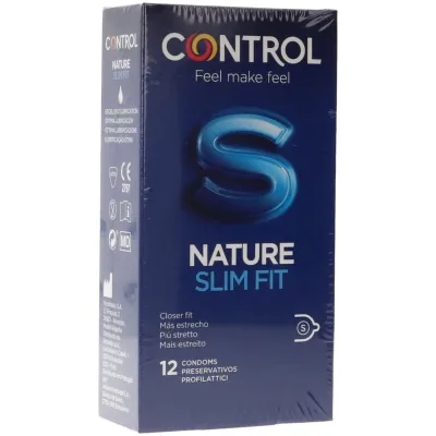Blue packaging of Control Nature Slim Fit condoms, 12 pieces, with the slogan "Feel make feel".