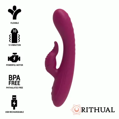 Purple vibrator with 10 vibration modes, flexible design, powerful motor, BPA-free, USB rechargeable. Brand: Rithual.
