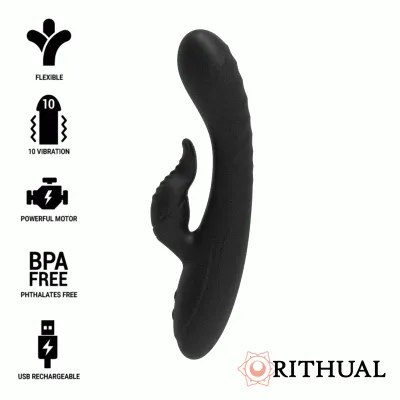 Black vibrator with 10 vibration modes, flexible design, powerful motor, BPA-free, USB rechargeable.