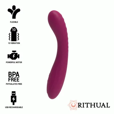 Purple vibrator with 10 vibration modes, flexible design, powerful motor, BPA-free, USB rechargeable. Brand: Rithual.