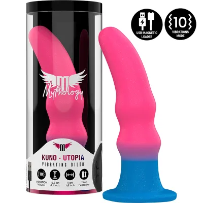 Vibrierender Dildo "Kuno - Utopia" in Pink und Blau, mit 10 Vibrationsmodi und USB-Ladefunktion, in Verpackung.