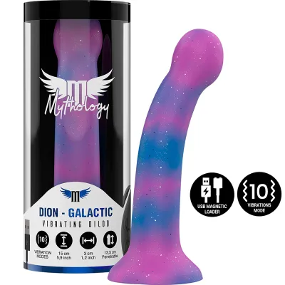 Vibrating dildo in a purple-blue galaxy design with packaging, USB charger and 10 vibration modes.