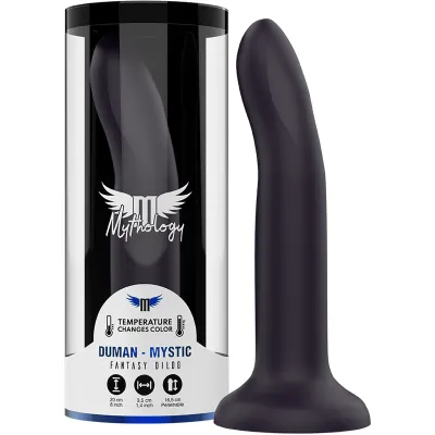 Black dildo in packaging, brand Mythology, with temperature changing function, 20 cm long, 3.5 cm in diameter.