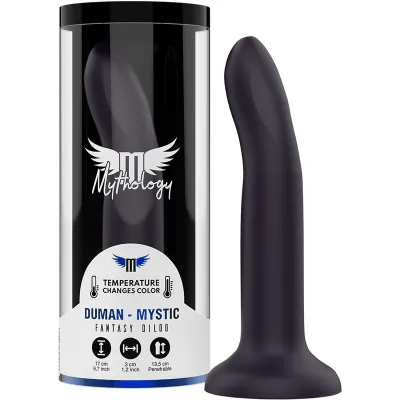 Black dildo with packaging, brand Mythology, temperature-dependent color change, 17 cm long, 3 cm in diameter.