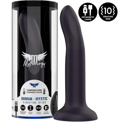 Vibrating dildo in black with packaging, USB charger, 10 vibration modes, temperature-dependent color change.