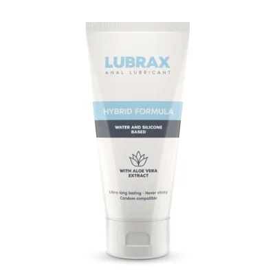 Tube containing Lubrax anal lubricant, hybrid formula, water and silicone based, Aloe Vera, condom compatible.