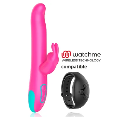 Pink vibrator toy with bunny ears, compatible with black wristband and Watchme Wireless Technology.