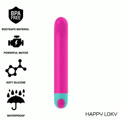 Pink, cylindrical device with blue accents, BPA-free, powerful motor, soft silicone, waterproof.