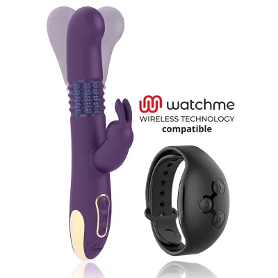Purple vibrator with bunny ears and black wristband, compatible with Watchme Wireless Technology.