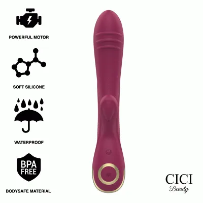 Roter Vibrator mit leistungsstarkem Motor, weichem Silikon, wasserdicht, BPA-frei. CICI Beauty-Logo unten rechts.