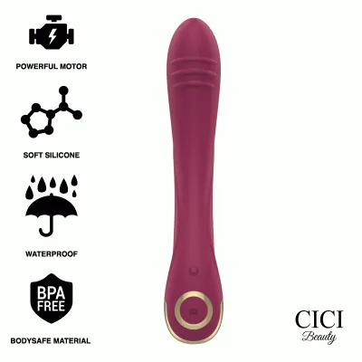 Red vibrator with a powerful motor, soft silicone, waterproof, BPA-free. CICI Beauty logo in the bottom right corner.