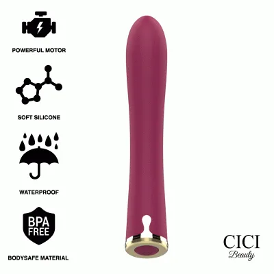 Red vibrator with a powerful motor, soft silicone, waterproof, BPA-free. CICI Beauty logo in the bottom right corner.