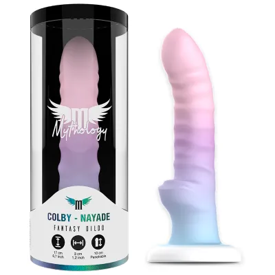 Verpackung und pastellfarbener Fantasy-Dildo mit Flügel-Logo und Produktinformationen.