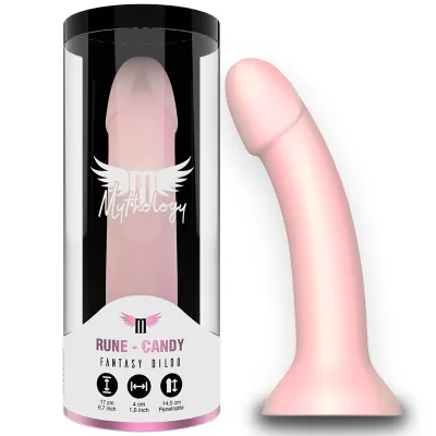 Packaging and pink fantasy dildo "Rune - Candy" by Mythology, 17 cm long, 4 cm in diameter.
