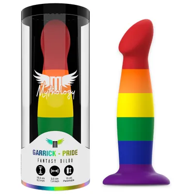 Packaging and rainbow dildo with rounded tip, Mythology brand, Pride design.