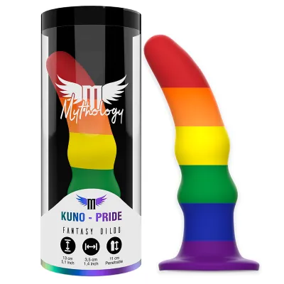 Regenbogenfarbener Dildo in Verpackung mit der Aufschrift "Mythology Kuno - Pride Fantasy Dildo".