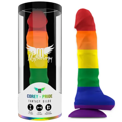 Bunter Dildo in Regenbogenfarben, verpackt in einer transparenten Röhre mit der Aufschrift "Mythology".