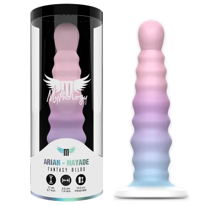 Packaging and pastel-colored dildo with a wave-shaped design, brand "Mythology", model "Arian-Nayade".