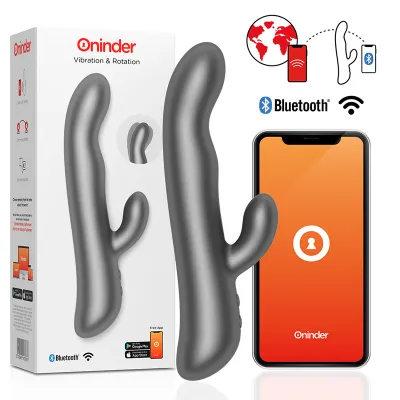 Grey vibrator with packaging and smartphone app, Bluetooth-enabled, for remote control and vibration.