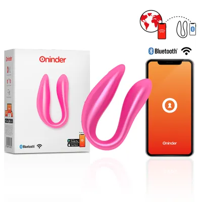 Pinkes Bluetooth-Gerät mit Verpackung und Smartphone-App, kompatibel mit Google Play und App Store.