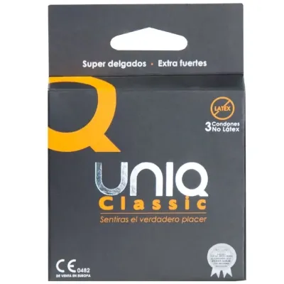 Black packaging of Uniq Classic condoms, 3 pieces, latex-free, with orange logo and Spanish text.