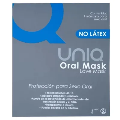 Packaging of a latex-free Uniq Oral Mask for protection during oral sex, made of synthetic, transparent and odorless AT-10 resin.