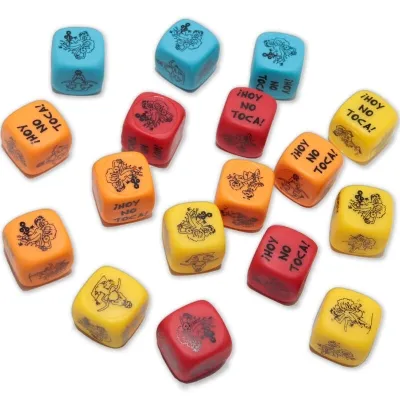 Colorful dice with Spanish inscriptions and drawings, scattered on a white background.