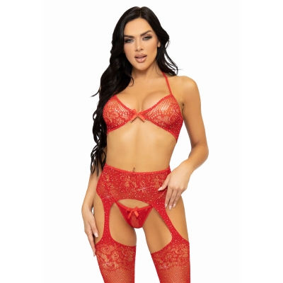 Dreiteiliges Set BH, String Und Strümpfe OneSize Rot | Leg Avenue