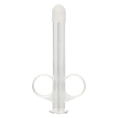Transparent syringe with two handles and white cap, standing upright.