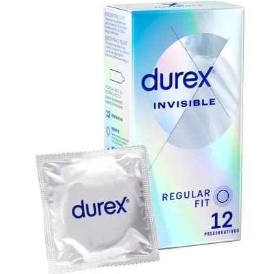 Durex Invisible condom pack containing 12 pieces, regular fit, shimmering design.
