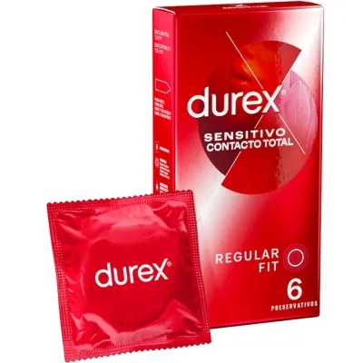 Red Durex condom packaging with the inscription "Sensitivo Contacto Total" and a single condom in red foil.