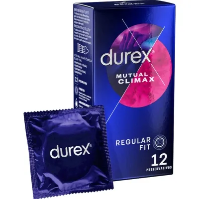 Durex Mutual Climax condom packaging containing 12 pieces, blue design, with a single condom lying in front.