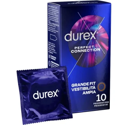 Durex Kondomverpackung mit der Aufschrift "Perfect Connection" und einem einzelnen Kondom in lila Verpackung.