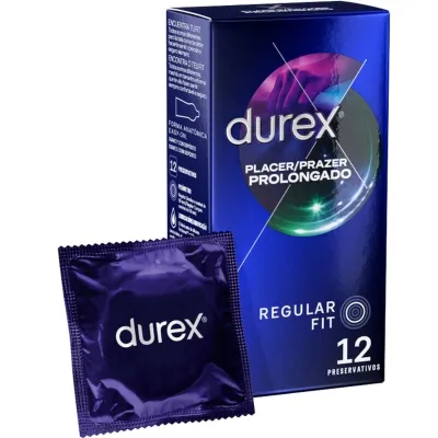 Durex condom packaging containing 12 pieces, purple design, with "Placer/Prazer Prolongado" and "Regular Fit" inscription.