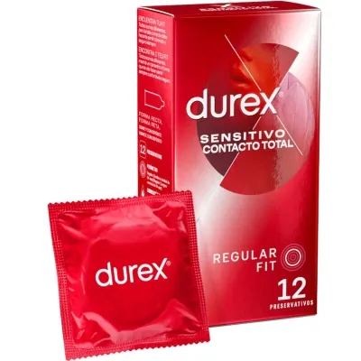 Red Durex packaging containing 12 condoms, with "Sensitivo Contacto Total" and "Regular Fit" printed on the front.