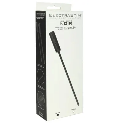Packaging of an electrostimulation device called ElectraStim Silicone Noir for urethral stimulation.