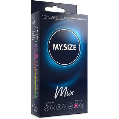 Verpackung von MY.SIZE Mix Kondomen, 10 Stück, verschiedene Größen und Typen, dunkelblaues Design.