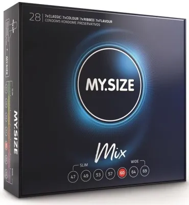 Schwarze Verpackung von MY.SIZE Mix Kondomen, 28 Stück, verschiedene Größen und Typen, darunter Classic, Colour, Ribbed, Flavour.