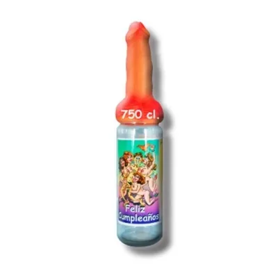 Flasche mit rotem Deckel in Form eines Penis, Etikett mit Comicfiguren und "Feliz Cumpleaños", 750 cl.