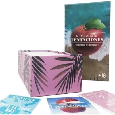 Spiel "La Isla de las Tentaciones" mit Karten und Schachtel, tropisches Design, ab 16 Jahren.