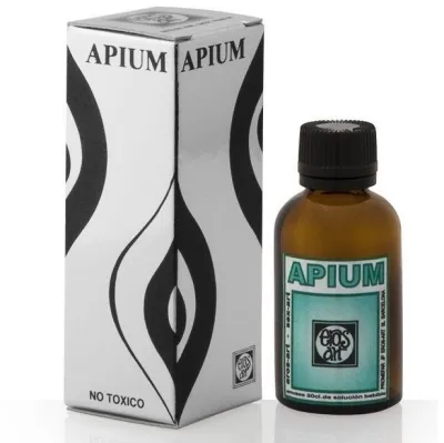 Brown bottle and white packaging with the inscription "APIUM", design in black and turquoise, "NO TOXICO" at the bottom.