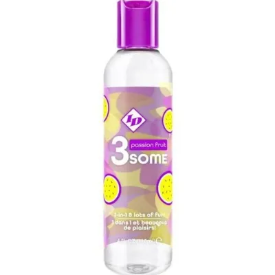 Bottle with purple label, inscription "3some Passion Fruit", yellow fruits depicted.