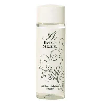 Flasche mit der Aufschrift "Extase Sensuel", verziert mit floralen Mustern, enthält Silikon-Gleitmittel.